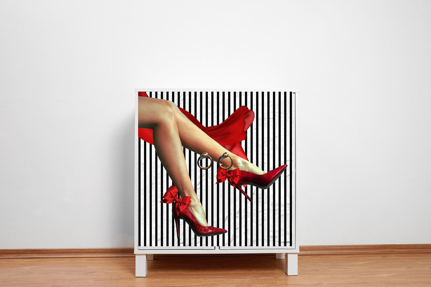 Decoupage Paper for Furniture. Decorative Paper. Tissue Paper.  Furniture DIY. Furniture Upcycling. 
 Decoupage paper for furniture.  Elevate your furniture and craft projects with our stunning decoupage paper. This eye-catching paper combines modern style with whimsical charm, showcasing a stylish silhouette of a woman's legs adorned in striking red high heels against a chic black and white striped background. Perfect for adding a touch of flair to any DIY project. Tissue Paper. Rice Paper