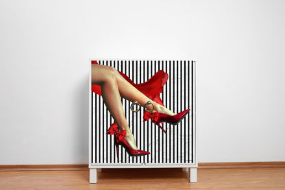 Decoupage Paper for Furniture. Decorative Paper. Tissue Paper.  Furniture DIY. Furniture Upcycling. 
 Decoupage paper for furniture.  Elevate your furniture and craft projects with our stunning decoupage paper. This eye-catching paper combines modern style with whimsical charm, showcasing a stylish silhouette of a woman's legs adorned in striking red high heels against a chic black and white striped background. Perfect for adding a touch of flair to any DIY project. Tissue Paper. Rice Paper