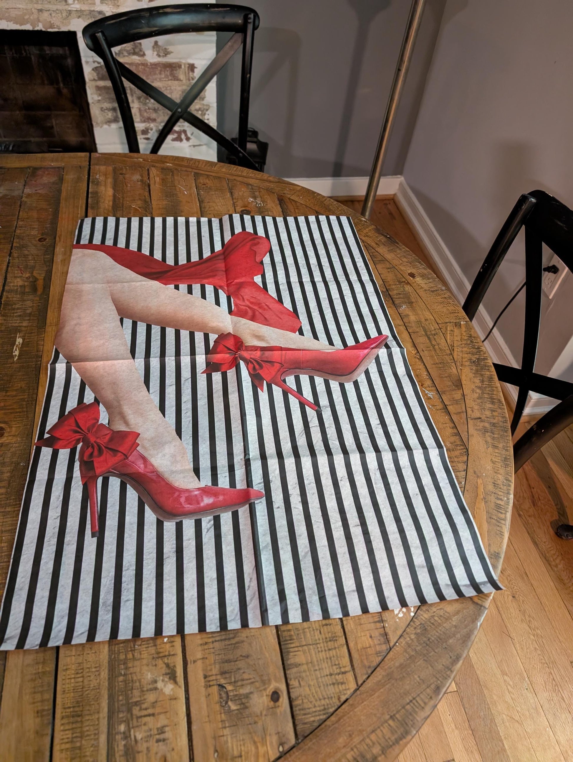 Decoupage Paper for Furniture. Decorative Paper. Tissue Paper.  Furniture DIY. Furniture Upcycling. 
 Decoupage paper for furniture.  Elevate your furniture and craft projects with our stunning decoupage paper. This eye-catching paper combines modern style with whimsical charm, showcasing a stylish silhouette of a woman's legs adorned in striking red high heels against a chic black and white striped background. Perfect for adding a touch of flair to any DIY project. Tissue Paper. Rice Paper