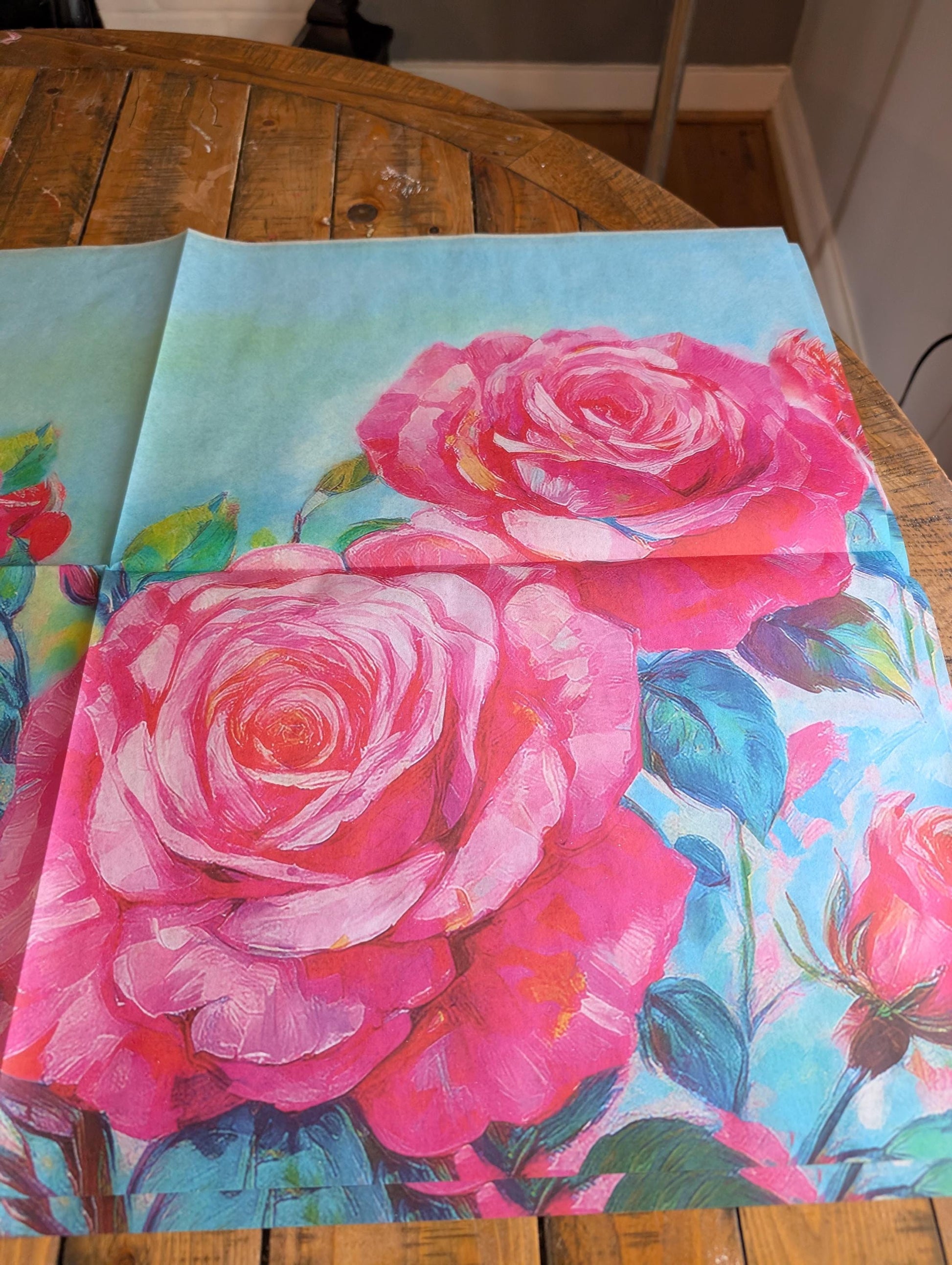 Decoupage Paper for Furniture I Decorative Paper I Tissue Paper I Furniture DIY I Furniture Upcycling I DIY Decor I Furniture Art I Upcycle!  Decoupage paper for furniture.  Elevate your furniture and craft projects with our stunning decoupage paper, featuring the unique "Pink Roses Garden" design. This eye-catching paper combines beautiful watercolor pink roses . Perfect for adding a touch of flair to any DIY project. Pastel color decoupage paper. Pink decoupage paper. Roses decoupage paper