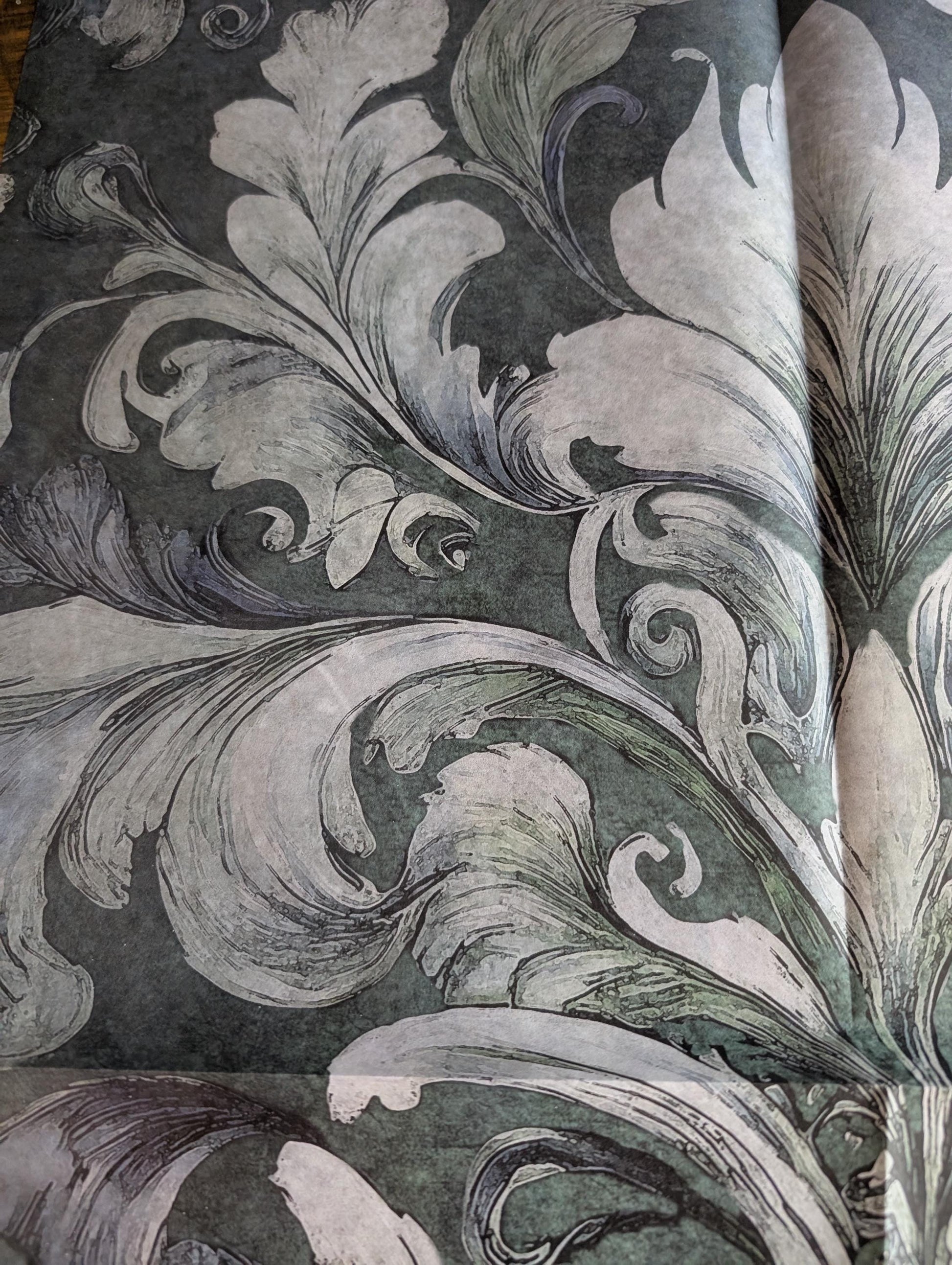 Damask Green Decoupage Paper for Furniture I Decorative Paper I Tissue Paper I Furniture DIY I Furniture Upcycling I DIY Decor I Furniture Art I Upcycle. Decoupage paper for furniture.  Elevate your furniture and craft projects with our stunning decoupage paper, featuring the unique "Damask Green Pattern" design.  Perfect for adding a touch of flair to any DIY project.  Use it for various art projects, scrapbooking, card making, or any creative endeavor that requires a pop of personality.