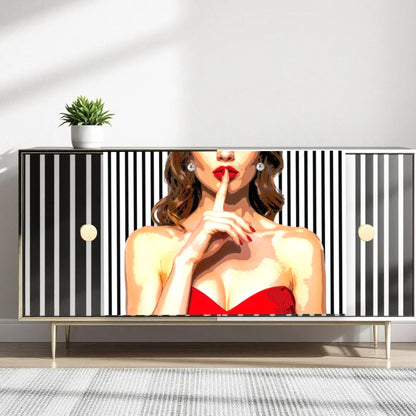 Decoupage paper for furniture.  Elevate your furniture and craft projects with our stunning decoupage paper, featuring the unique "Woman in Red Dress" design. This eye-catching paper combines modern style with whimsical charm, showcasing a stylish woman's  in striking red dress queuing silence with her finger on her mouth. A powerful blend f a strong beautiful woman against a chic black and white striped background. Perfect for adding a touch of flair to any DIY project!