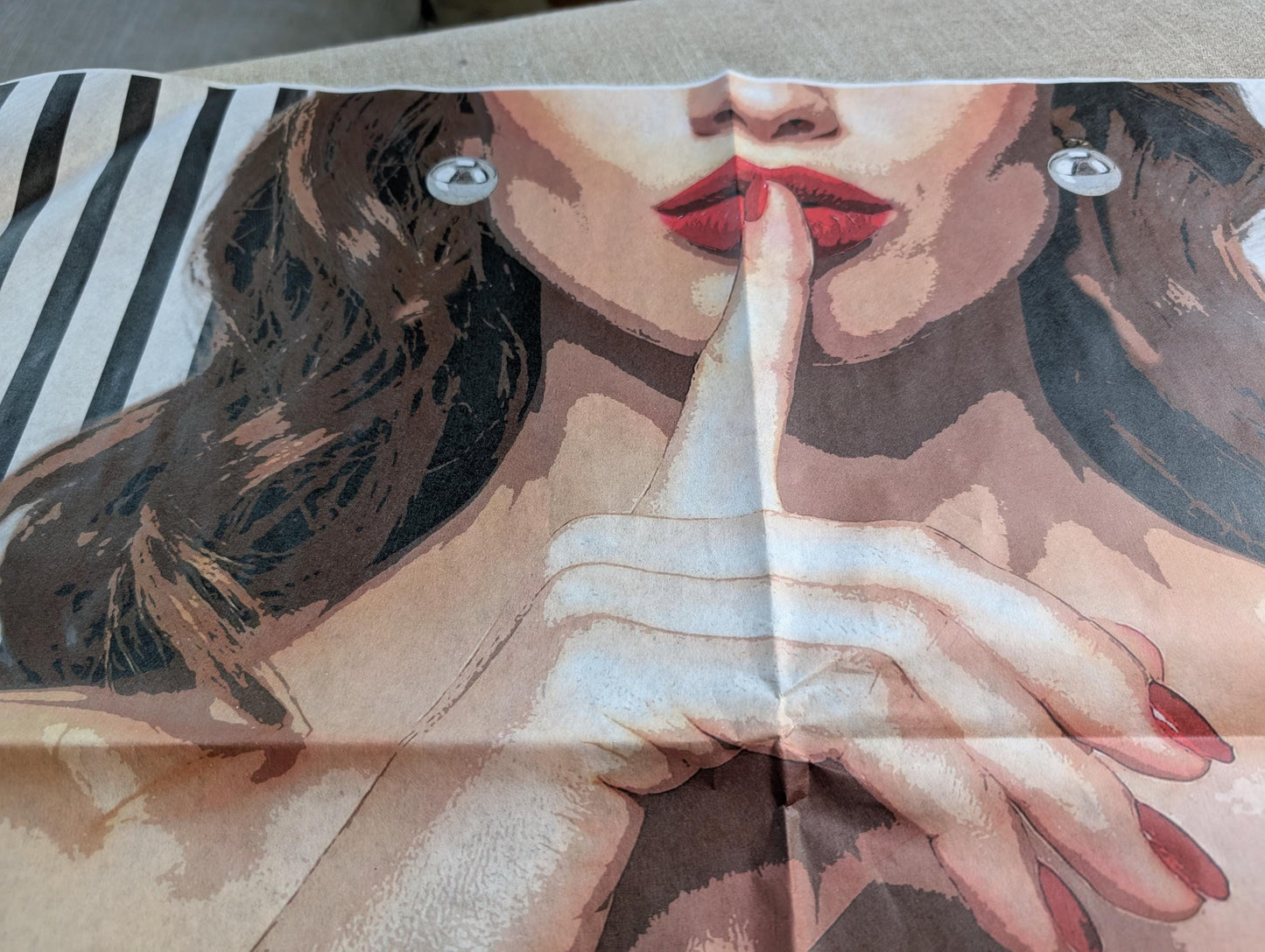 Decoupage paper for furniture.  Elevate your furniture and craft projects with our stunning decoupage paper, featuring the unique "Woman in Red Dress" design. This eye-catching paper combines modern style with whimsical charm, showcasing a stylish woman's  in striking red dress queuing silence with her finger on her mouth. A powerful blend f a strong beautiful woman against a chic black and white striped background. Perfect for adding a touch of flair to any DIY project!