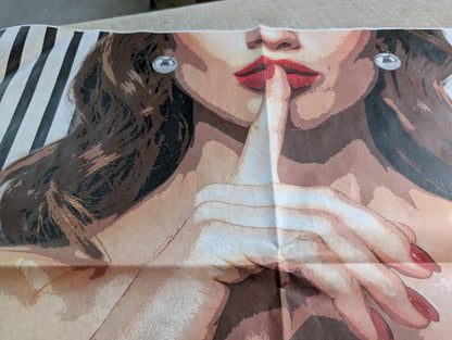 Decoupage paper for furniture.  Elevate your furniture and craft projects with our stunning decoupage paper, featuring the unique "Woman in Red Dress" design. This eye-catching paper combines modern style with whimsical charm, showcasing a stylish woman's  in striking red dress queuing silence with her finger on her mouth. A powerful blend f a strong beautiful woman against a chic black and white striped background. Perfect for adding a touch of flair to any DIY project!