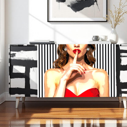 Decoupage paper for furniture.  Elevate your furniture and craft projects with our stunning decoupage paper, featuring the unique "Woman in Red Dress" design. This eye-catching paper combines modern style with whimsical charm, showcasing a stylish woman's  in striking red dress queuing silence with her finger on her mouth. A powerful blend f a strong beautiful woman against a chic black and white striped background. Perfect for adding a touch of flair to any DIY project!