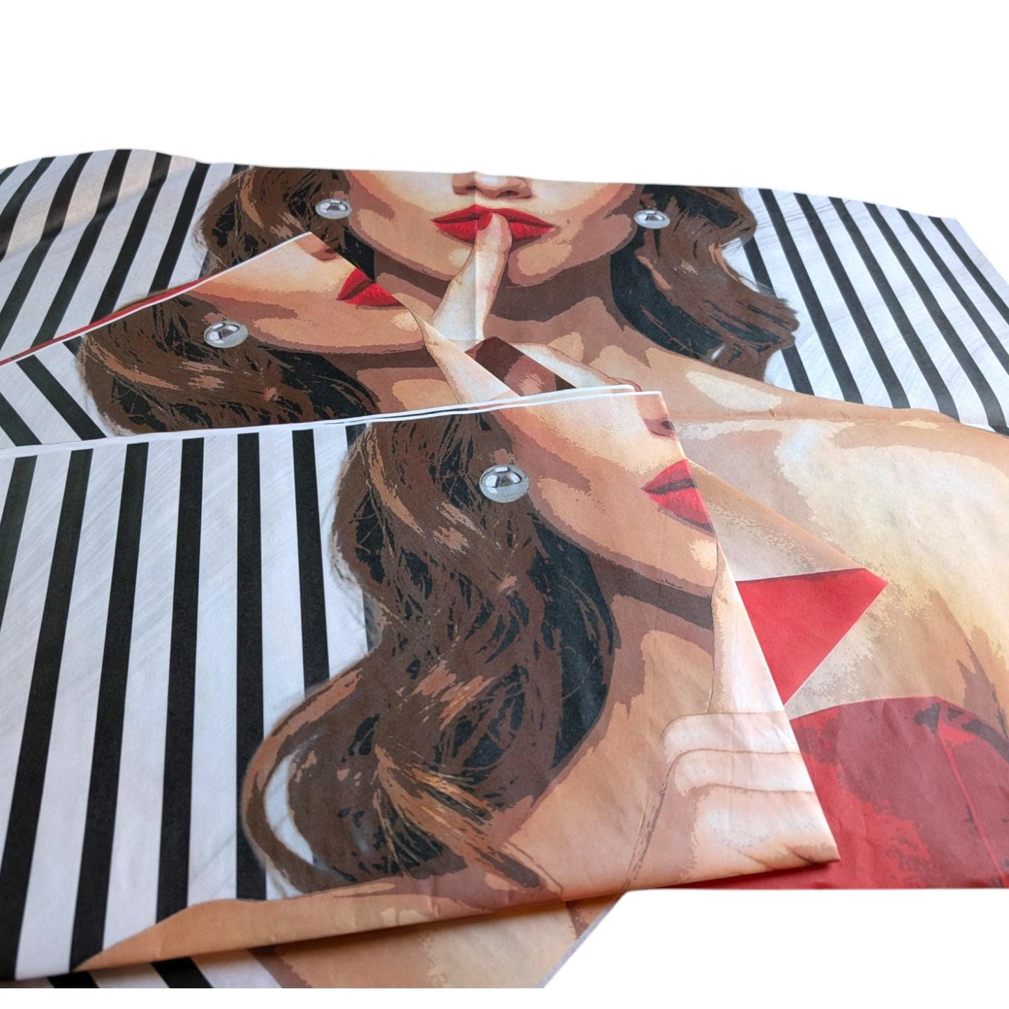 Decoupage paper for furniture.  Elevate your furniture and craft projects with our stunning decoupage paper, featuring the unique "Woman in Red Dress" design. This eye-catching paper combines modern style with whimsical charm, showcasing a stylish woman's  in striking red dress queuing silence with her finger on her mouth. A powerful blend f a strong beautiful woman against a chic black and white striped background. Perfect for adding a touch of flair to any DIY project!