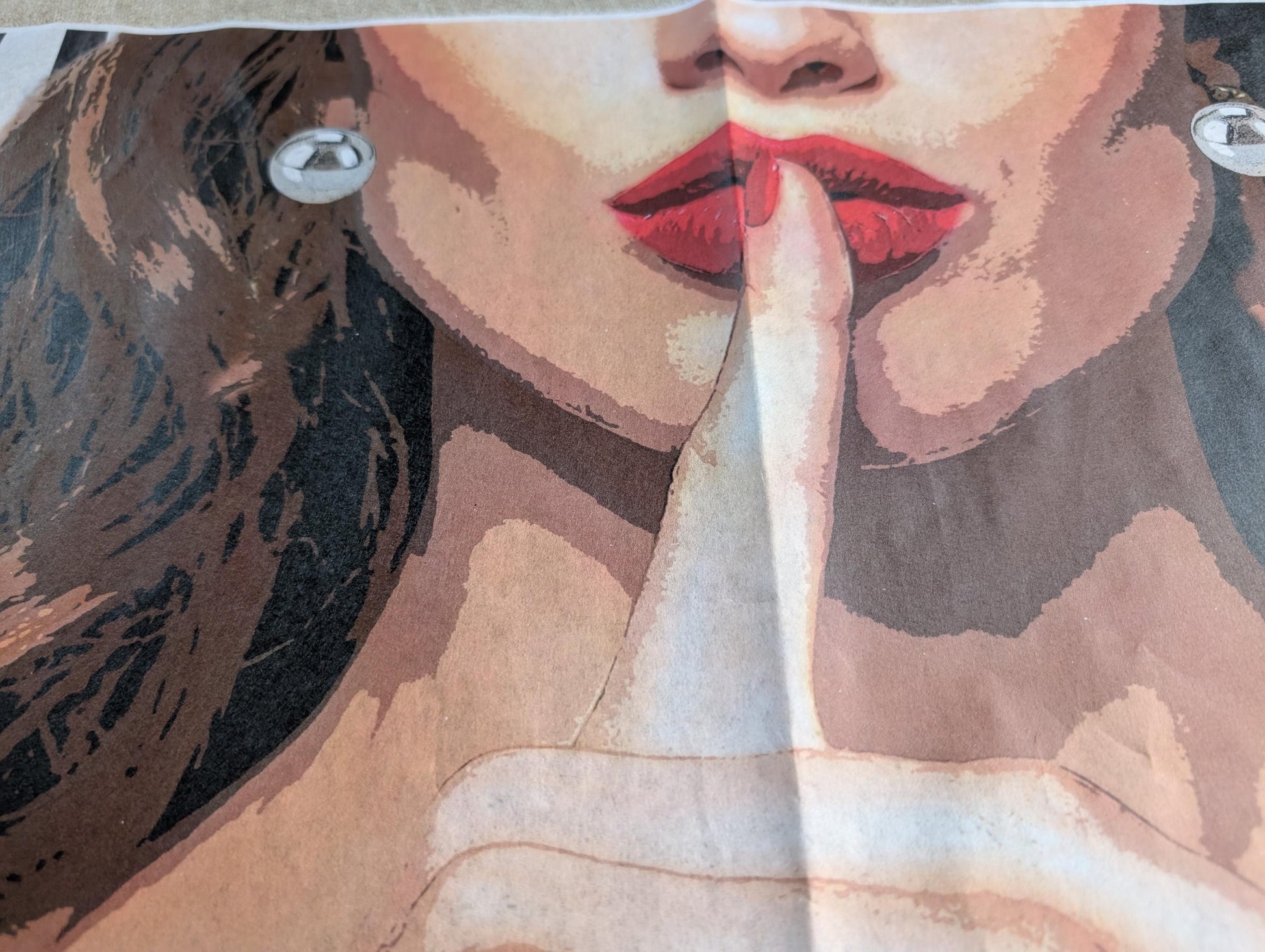 Decoupage paper for furniture.  Elevate your furniture and craft projects with our stunning decoupage paper, featuring the unique "Woman in Red Dress" design. This eye-catching paper combines modern style with whimsical charm, showcasing a stylish woman's  in striking red dress queuing silence with her finger on her mouth. A powerful blend f a strong beautiful woman against a chic black and white striped background. Perfect for adding a touch of flair to any DIY project!