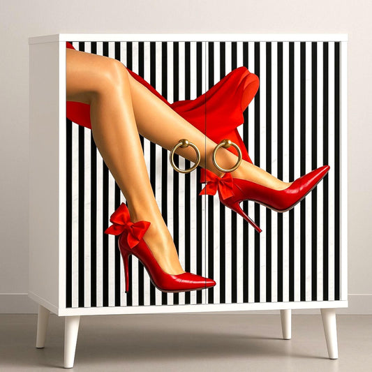 Decoupage Paper for Furniture. Decorative Paper. Tissue Paper.  Furniture DIY. Furniture Upcycling. 
 Decoupage paper for furniture.  Elevate your furniture and craft projects with our stunning decoupage paper. This eye-catching paper combines modern style with whimsical charm, showcasing a stylish silhouette of a woman's legs adorned in striking red high heels against a chic black and white striped background. Perfect for adding a touch of flair to any DIY project. Tissue Paper. Rice Paper