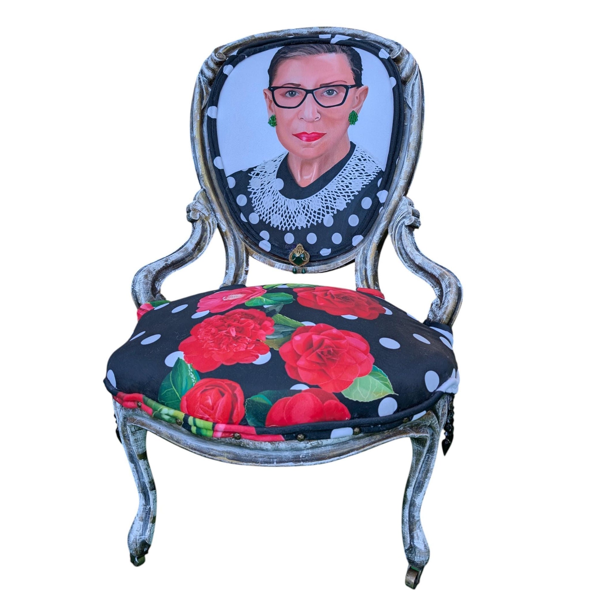 Elevate your living space with this Ruth Bader Ginsburg Accent Chair, a unique upcycled furniture piece that blends artistry and statement-making design. Featuring a striking silhouette and rich, textured upholstery visible in the listing image, this accent chair serves as both a functional seat and a powerful conversation starter. Crafted with care, it honors the legacy of Justice Ginsburg, bringing character and inspiration to your home decor unlike any mass-produced chair.