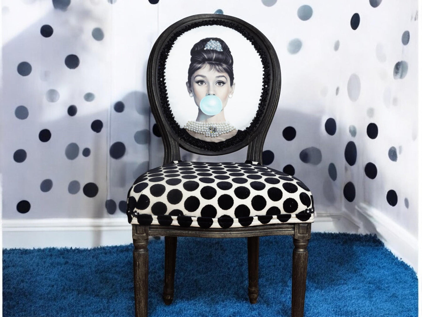 Chic Retro Dining Chair: Audrey Hepburn Inspired Vintage Charm. Custom Upholstered Conversation Piece. Audrey Hepburn Vintage Chair. Retro. Bring Hollywood glam decor to your house with this unique handmade, vintage retro-style chair inspired by Audrey Hepburn.  This funky pictured chair is one of our best-selling items, with multiple five-star reviews from happy customers. Reupholstered with polka dot fabric.  The chair frame is solid wood painted black. This chair is the perfect vanity chair.