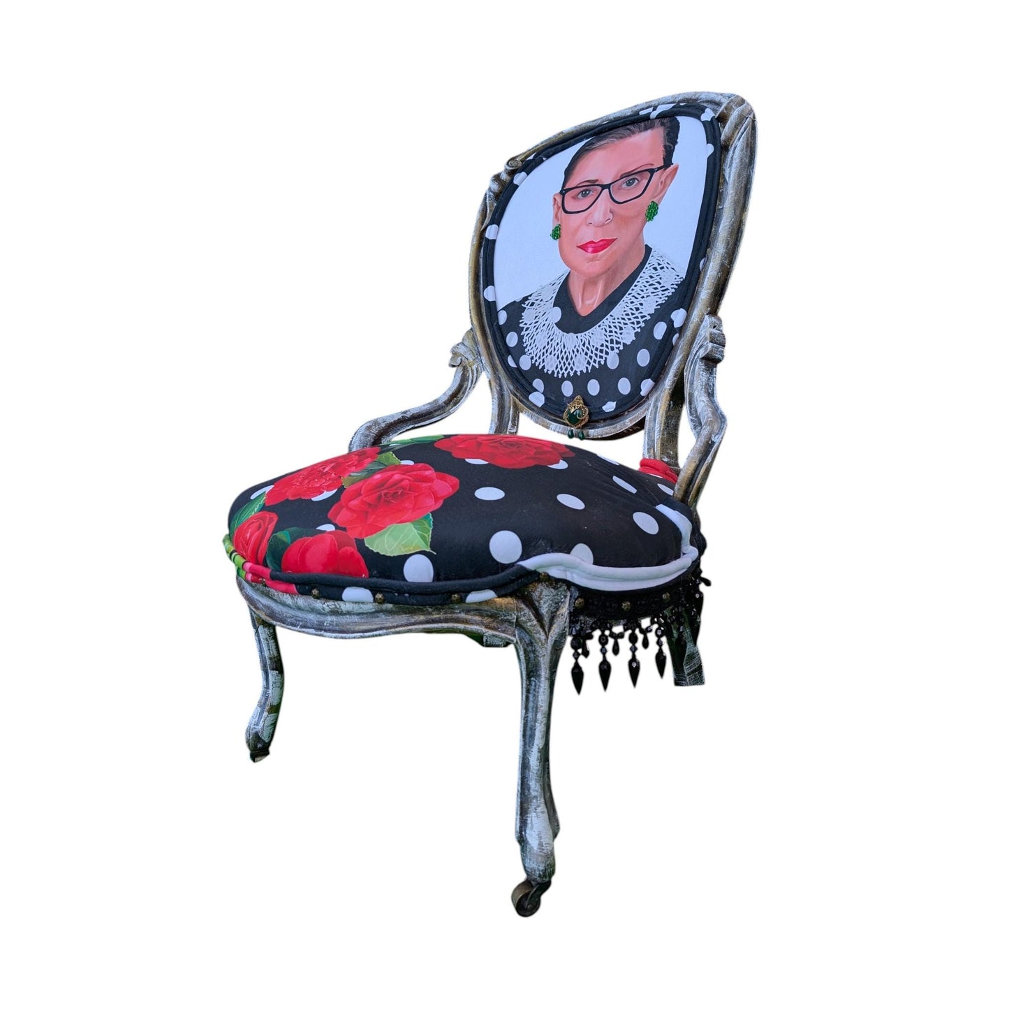 Elevate your living space with this Ruth Bader Ginsburg Accent Chair, a unique upcycled furniture piece that blends artistry and statement-making design. Featuring a striking silhouette and rich, textured upholstery visible in the listing image, this accent chair serves as both a functional seat and a powerful conversation starter. Crafted with care, it honors the legacy of Justice Ginsburg, bringing character and inspiration to your home decor unlike any mass-produced chair.