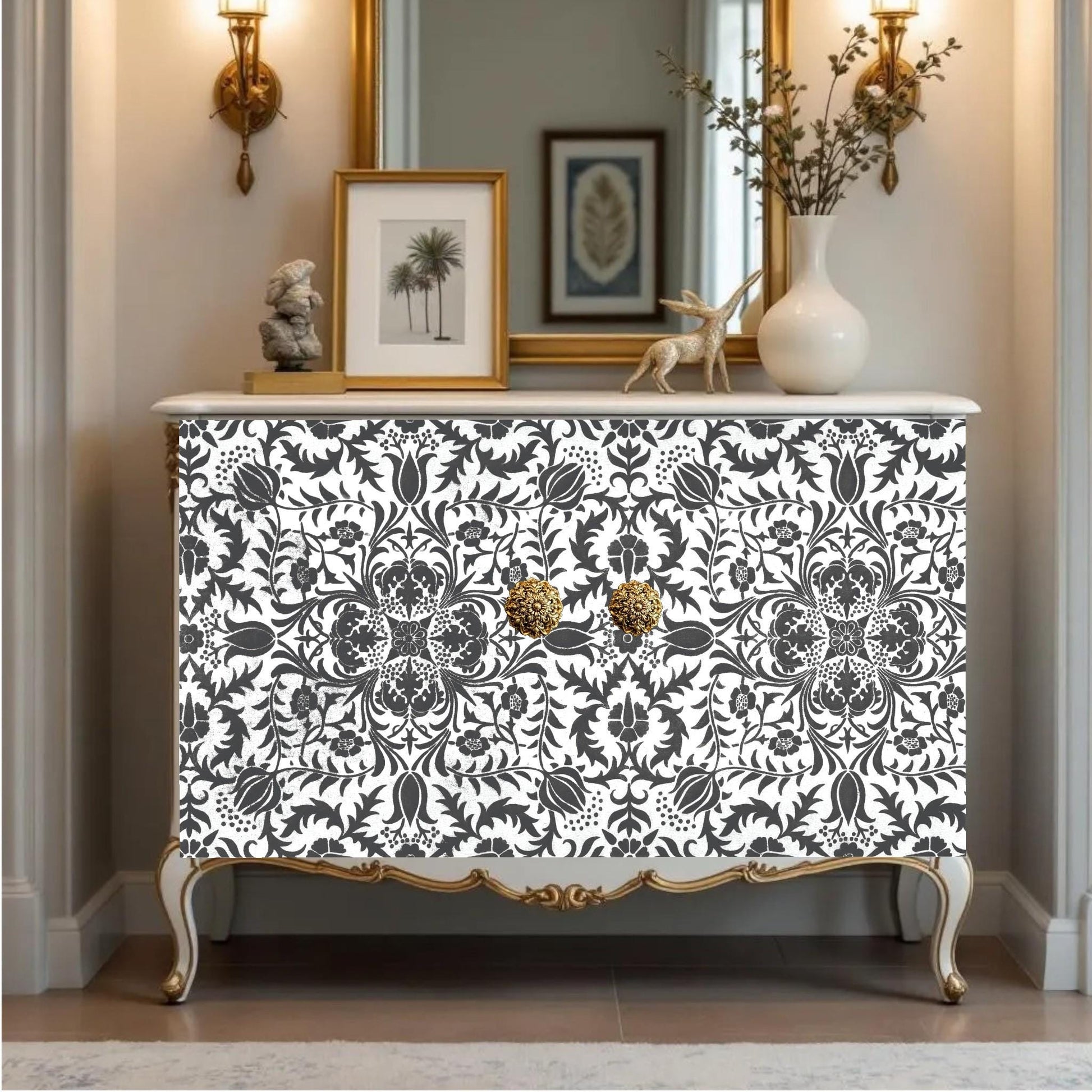 Transform your furniture and craft projects with our Elegant Damask Decoupage Paper: a stunning DIY furniture makeover essential. Featuring a classic black and white damask pattern, this decorative tissue paper is perfect for adding a touch of timeless elegance and charm to any piece. 
Ideal for furniture upcycling, scrapbooking, or creative decor, this high-quality decoupage paper allows you to effortlessly elevate your DIY projects with style and sophistic. Gorgeous damask design  decoupage