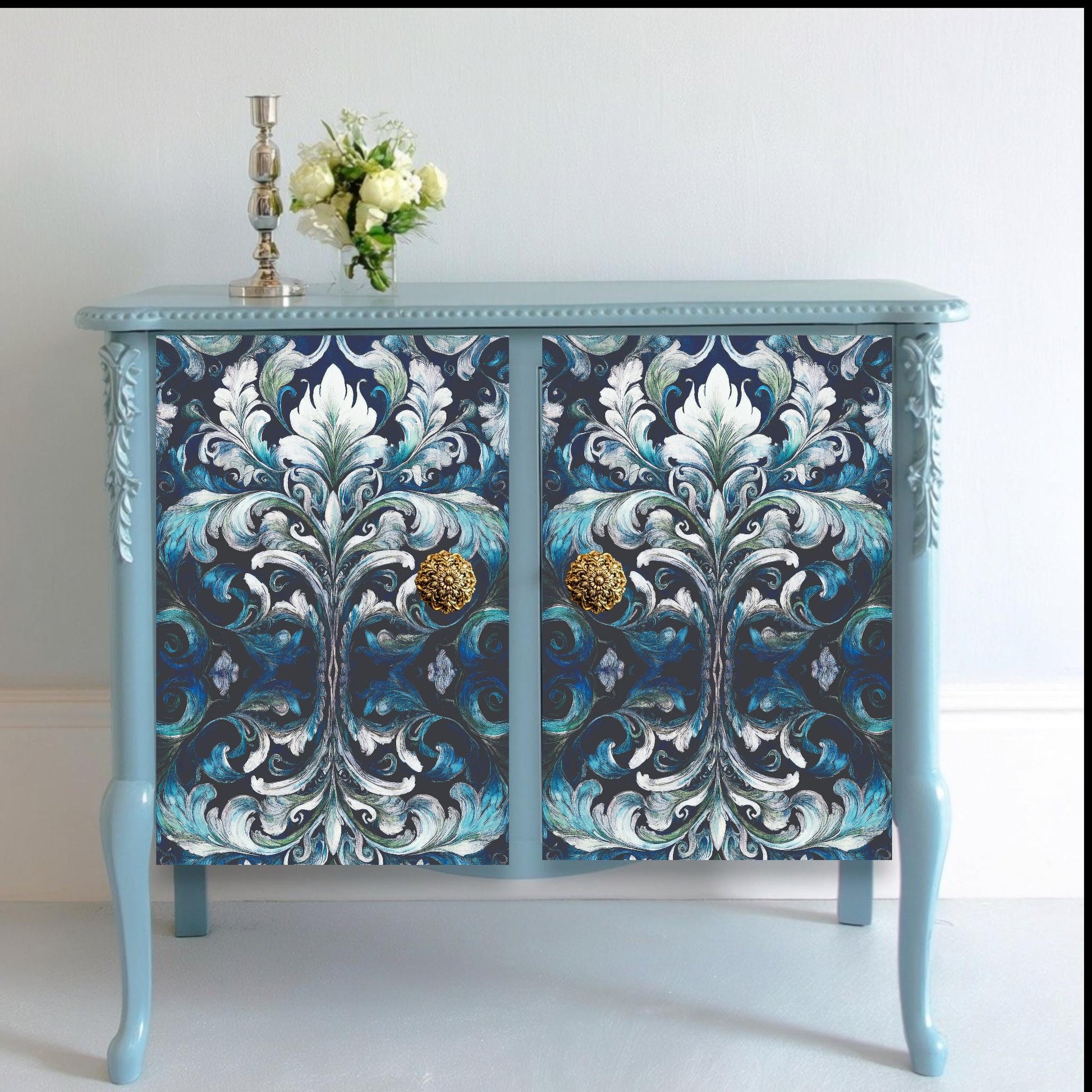 Damask Blue Decoupage Paper | Furniture Upcycling Decor | DIY Craft Supplies | 20”x30” Tissue Paper for Furniture Makeover. Transform your furniture and craft projects with our stunning Damask Blue Decoupage Paper! Measuring 20”x30”, this high-quality tissue paper features an elegant damask pattern in shades of blue and white, perfect for adding a touch of sophistication to any DIY makeover. Whether you're upcycling a vintage piece or creating custom decor, this decoupage paper easy to use