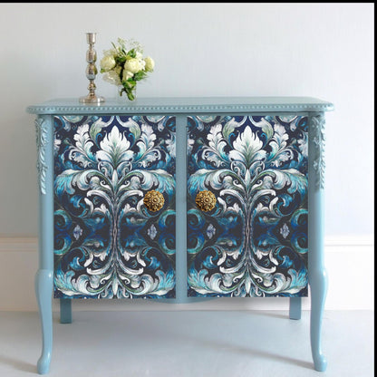 Damask Blue Decoupage Paper | Furniture Upcycling Decor | DIY Craft Supplies | 20”x30” Tissue Paper for Furniture Makeover. Transform your furniture and craft projects with our stunning Damask Blue Decoupage Paper! Measuring 20”x30”, this high-quality tissue paper features an elegant damask pattern in shades of blue and white, perfect for adding a touch of sophistication to any DIY makeover. Whether you're upcycling a vintage piece or creating custom decor, this decoupage paper easy to use
