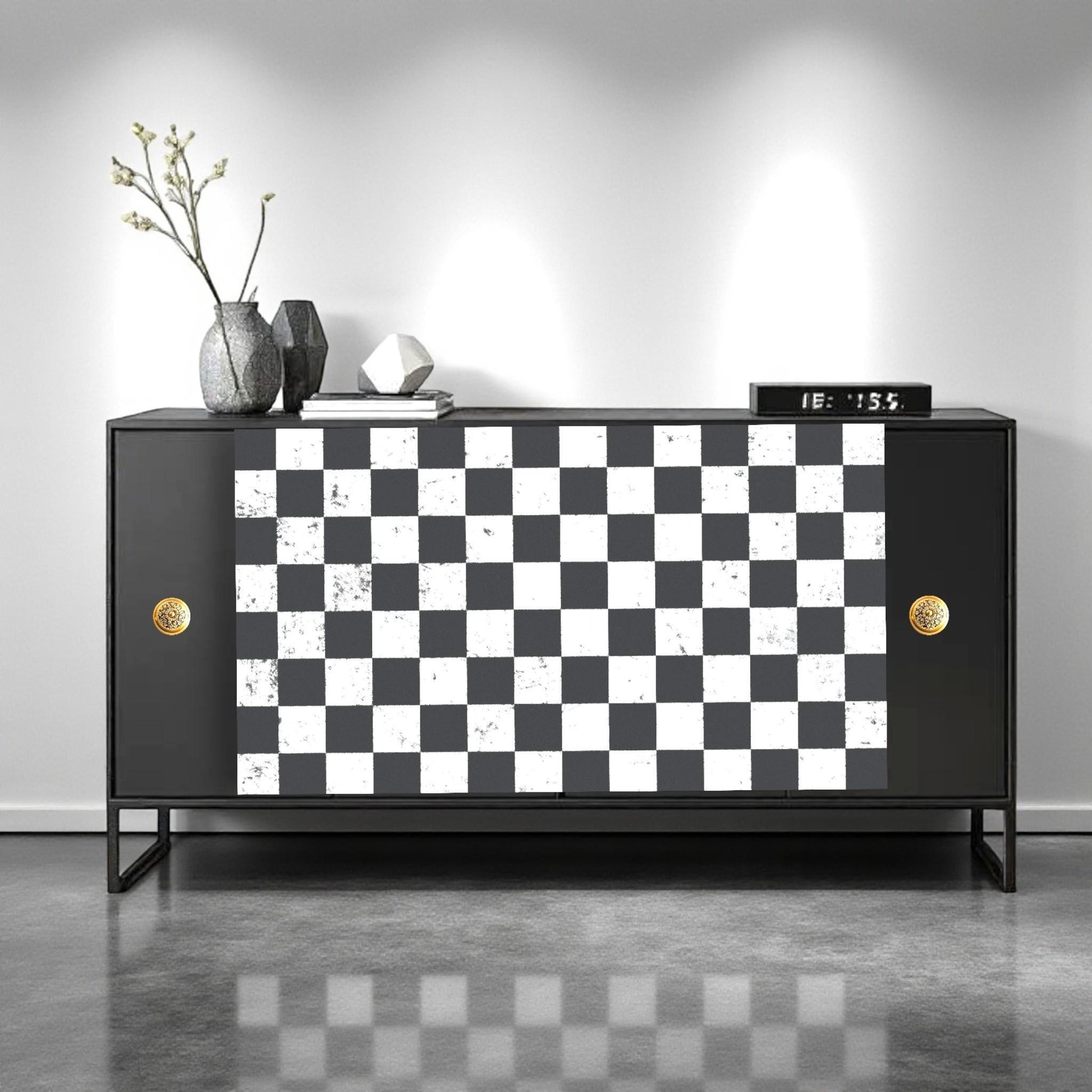 Large Decoupage Paper: Checkerboard Pattern Black and White Upcycling Tissue. Featuring a  checkerboard pattern in  black and white. Perfect for crafters, decorators, and upcycling enthusiasts, this high-quality tissue paper allows you to effortlessly elevate furniture, home decor, and craft pieces into personalized masterpieces. Whether you're redesigning vintage furniture, creating unique wall art, or embellishing glass and metal surfaces, this versatile decoupage paper is your go-to choice