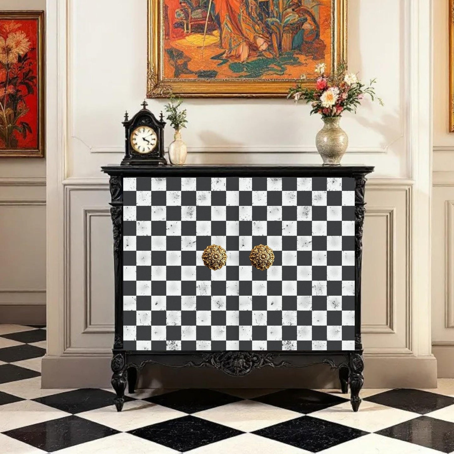 Large Decoupage Paper: Checkerboard Pattern Black and White Upcycling Tissue. Featuring a  checkerboard pattern in  black and white. Perfect for crafters, decorators, and upcycling enthusiasts, this high-quality tissue paper allows you to effortlessly elevate furniture, home decor, and craft pieces into personalized masterpieces. Whether you're redesigning vintage furniture, creating unique wall art, or embellishing glass and metal surfaces, this versatile decoupage paper is your go-to choice