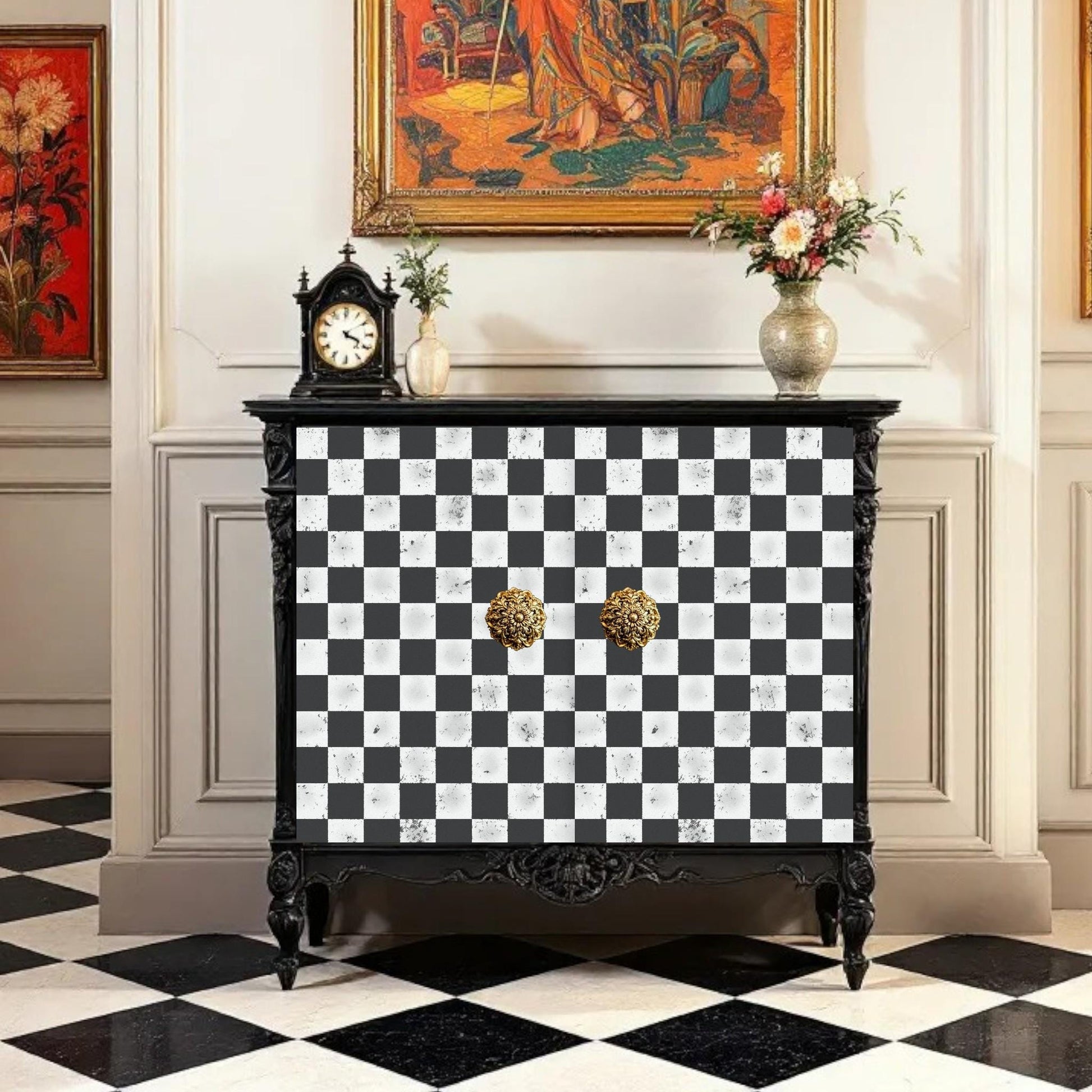 Large Decoupage Paper: Checkerboard Pattern Black and White Upcycling Tissue. Featuring a  checkerboard pattern in  black and white. Perfect for crafters, decorators, and upcycling enthusiasts, this high-quality tissue paper allows you to effortlessly elevate furniture, home decor, and craft pieces into personalized masterpieces. Whether you're redesigning vintage furniture, creating unique wall art, or embellishing glass and metal surfaces, this versatile decoupage paper is your go-to choice