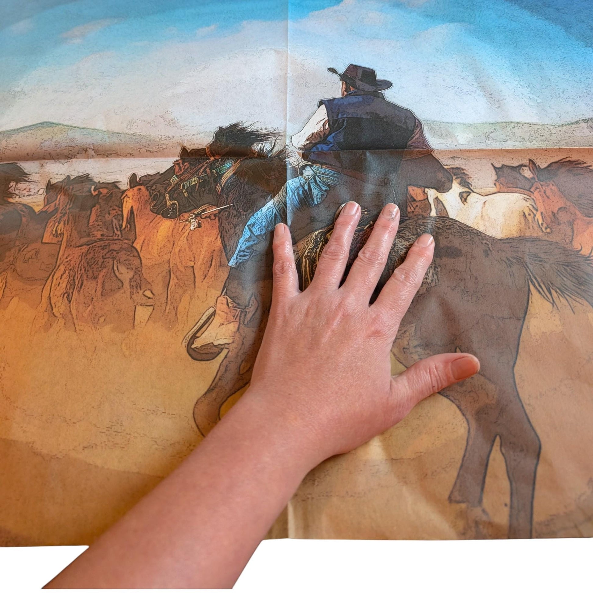 Wild Horse Decoupage Paper: Western Style Furniture Upcycling Tissue. Transform your furniture and craft projects with our Wild Horse Decoupage Paper, designed to bring authentic farmhouse charm to your space. This rustic tissue paper is perfect for upcycling tired furniture, adding a unique touch to wall decor, or enhancing your rustic DIY crafts. What sets this decoupage paper apart is its detailed wild horse design, crafted to evoke the freedom and spirit of the farm life and rustic style.