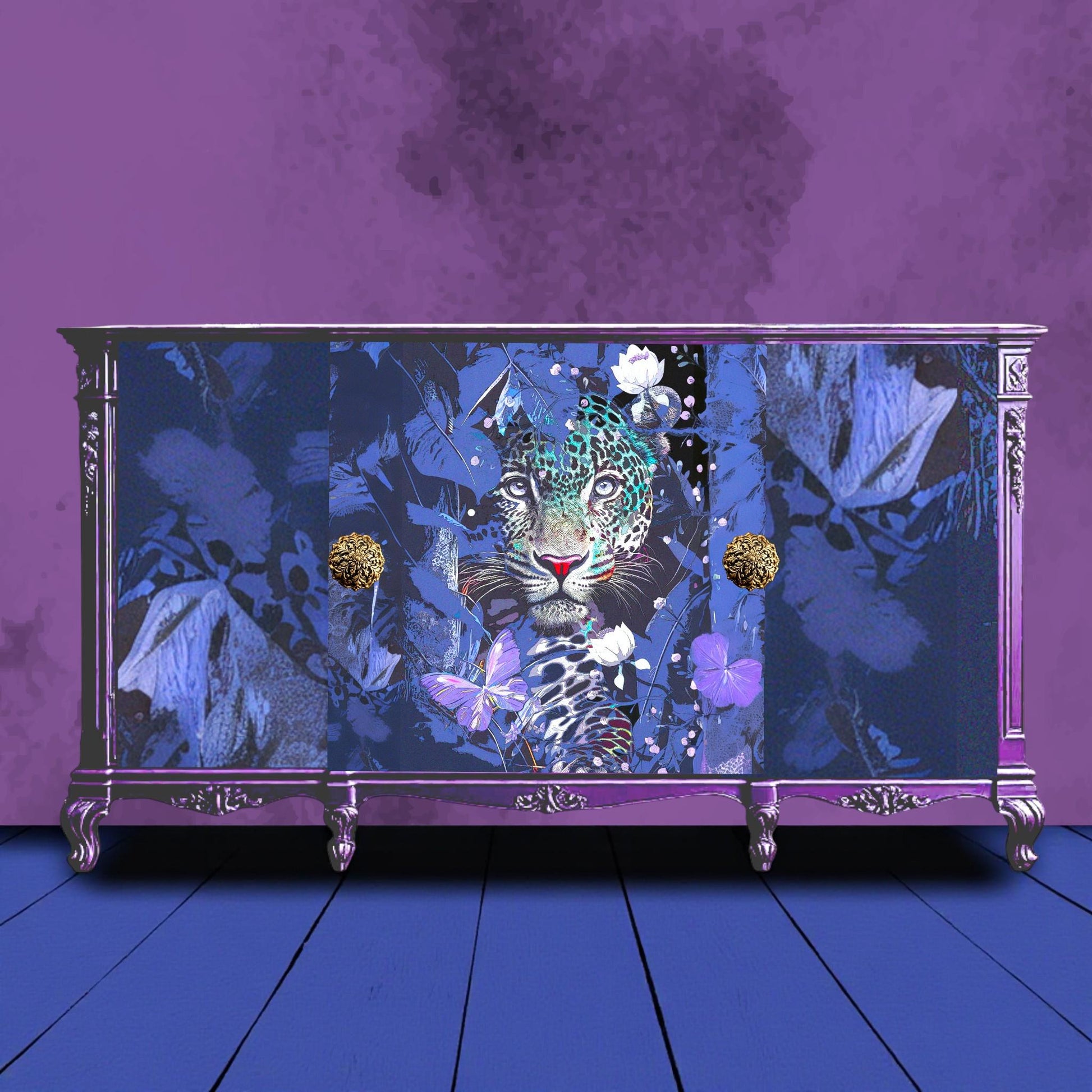 Fairy Core Decoupage Paper featuring a stunning Purple Tiger Design, perfect for your unique DIY crafts and home decor projects! This exquisite decoupage paper is a gateway to transforming your artistic visions into reality.  Crafted with care, our decoupage paper showcases a whimsical blend of fairy core aesthetics and vibrant purple  tiger motifs, making it an ideal choice for those looking to add a touch of magic to their creations. The perfect decoupage paper for DIY furniture upcycling