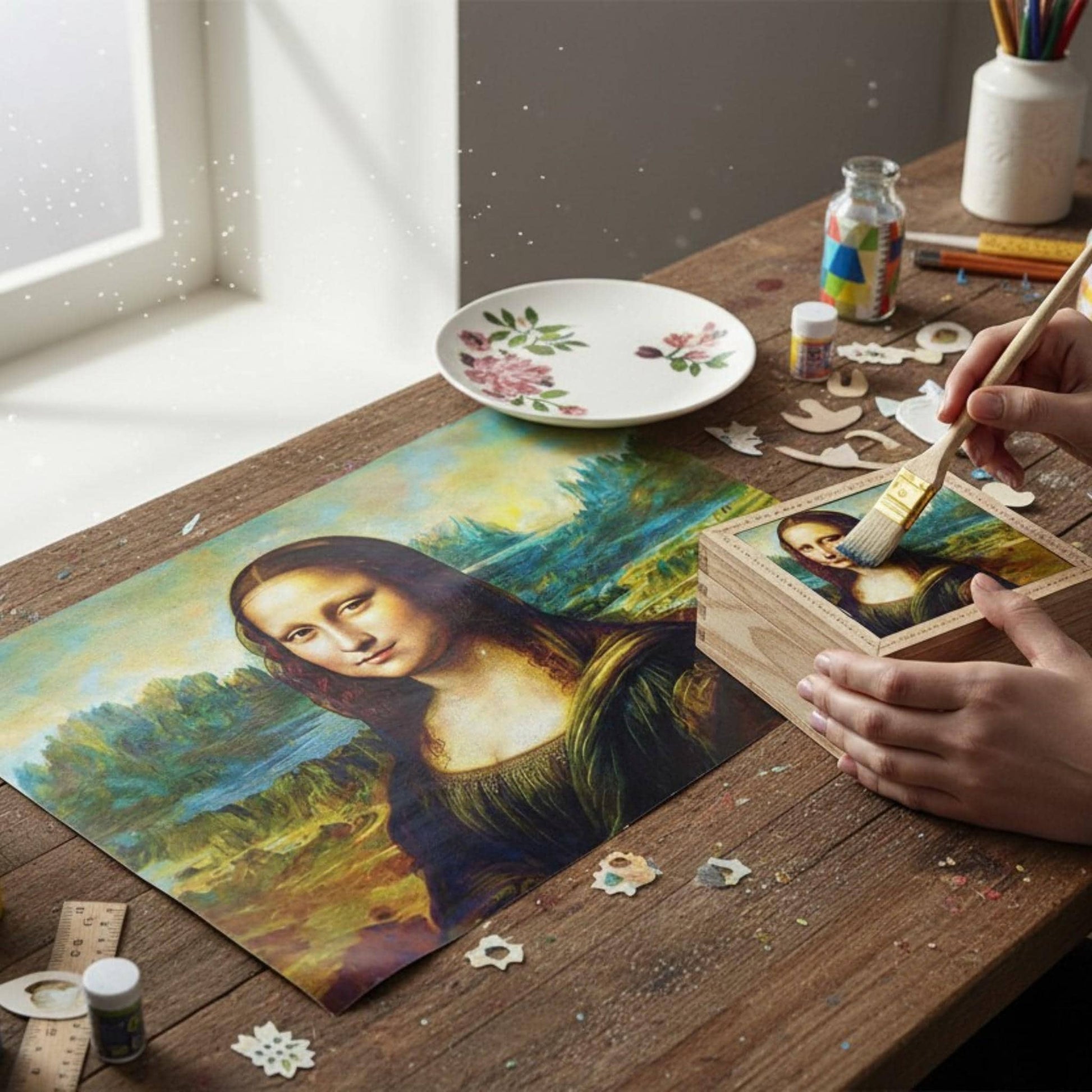 Transform your furniture and art projects with this stunning, large decoupage paper featuring a color-enhanced reproduction of Leonardo da Vinci's iconic Mona Lisa. Crafted from high-quality tissue paper. This decoupage paper Mona Lisa print, provide ample material for creative DIY upcycling and home remodeling. The delicate yet durable tissue allows for seamless layering and easy application on wood, metal, glass, and more, making it perfect for both DIY enthusiasts and professional crafters.