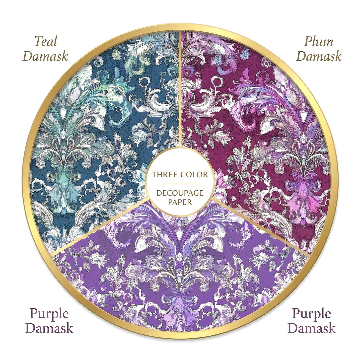 Transform your furniture and craft projects with our stunning Decoupage Paper for Furniture, featuring vibrant multi-color floral damask patterns in plum, teal, and purple hues. Designed specifically for DIY upcycling, furniture makeovers, scrapbooking, and home decor, this tissue paper adds a touch of elegance and artistic flair to any surface. The eye-catching damask designs are perfect for creating personalized, one-of-a-kind pieces that stand out.