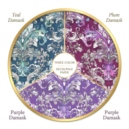 Transform your furniture and craft projects with our stunning Decoupage Paper for Furniture, featuring vibrant multi-color floral damask patterns in plum, teal, and purple hues. Designed specifically for DIY upcycling, furniture makeovers, scrapbooking, and home decor, this tissue paper adds a touch of elegance and artistic flair to any surface. The eye-catching damask designs are perfect for creating personalized, one-of-a-kind pieces that stand out.