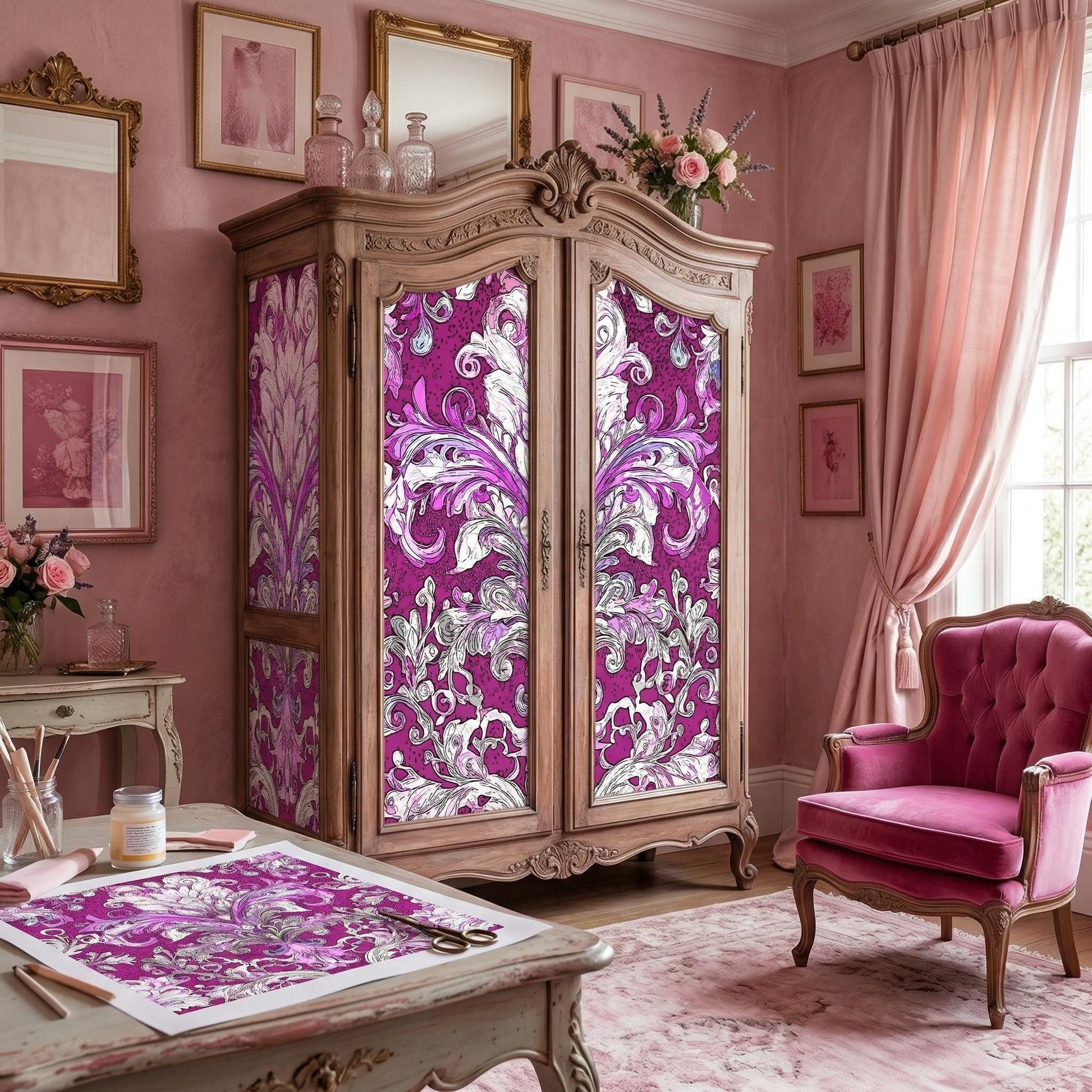 Transform your furniture and craft projects with our stunning Decoupage Paper for Furniture, featuring vibrant multi-color floral damask patterns in plum, teal, and purple hues. Designed specifically for DIY upcycling, furniture makeovers, scrapbooking, and home decor, this tissue paper adds a touch of elegance and artistic flair to any surface. The eye-catching damask designs are perfect for creating personalized, one-of-a-kind pieces that stand out.
