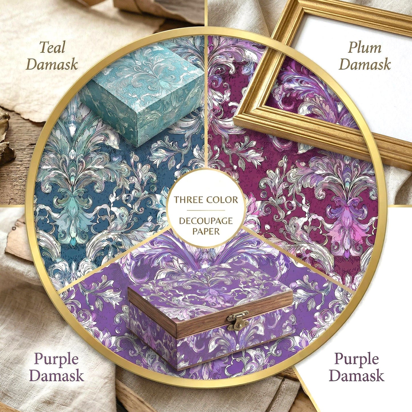 Transform your furniture and craft projects with our stunning Decoupage Paper for Furniture, featuring vibrant multi-color floral damask patterns in plum, teal, and purple hues. Designed specifically for DIY upcycling, furniture makeovers, scrapbooking, and home decor, this tissue paper adds a touch of elegance and artistic flair to any surface. The eye-catching damask designs are perfect for creating personalized, one-of-a-kind pieces that stand out.