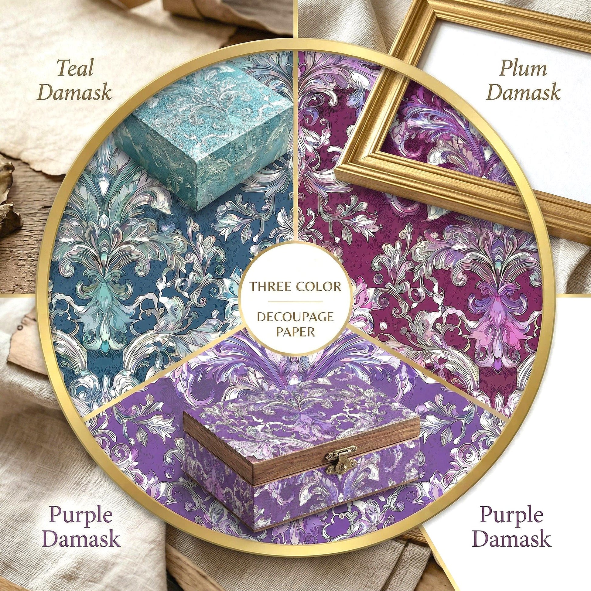 Transform your furniture and craft projects with our stunning Decoupage Paper for Furniture, featuring vibrant multi-color floral damask patterns in plum, teal, and purple hues. Designed specifically for DIY upcycling, furniture makeovers, scrapbooking, and home decor, this tissue paper adds a touch of elegance and artistic flair to any surface. The eye-catching damask designs are perfect for creating personalized, one-of-a-kind pieces that stand out.