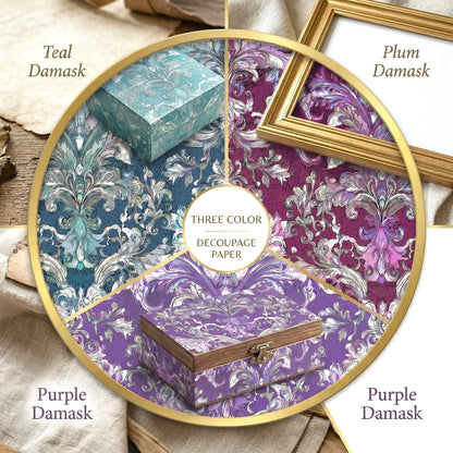 Transform your furniture and craft projects with our stunning Decoupage Paper for Furniture, featuring vibrant multi-color floral damask patterns in plum, teal, and purple hues. Designed specifically for DIY upcycling, furniture makeovers, scrapbooking, and home decor, this tissue paper adds a touch of elegance and artistic flair to any surface. The eye-catching damask designs are perfect for creating personalized, one-of-a-kind pieces that stand out.