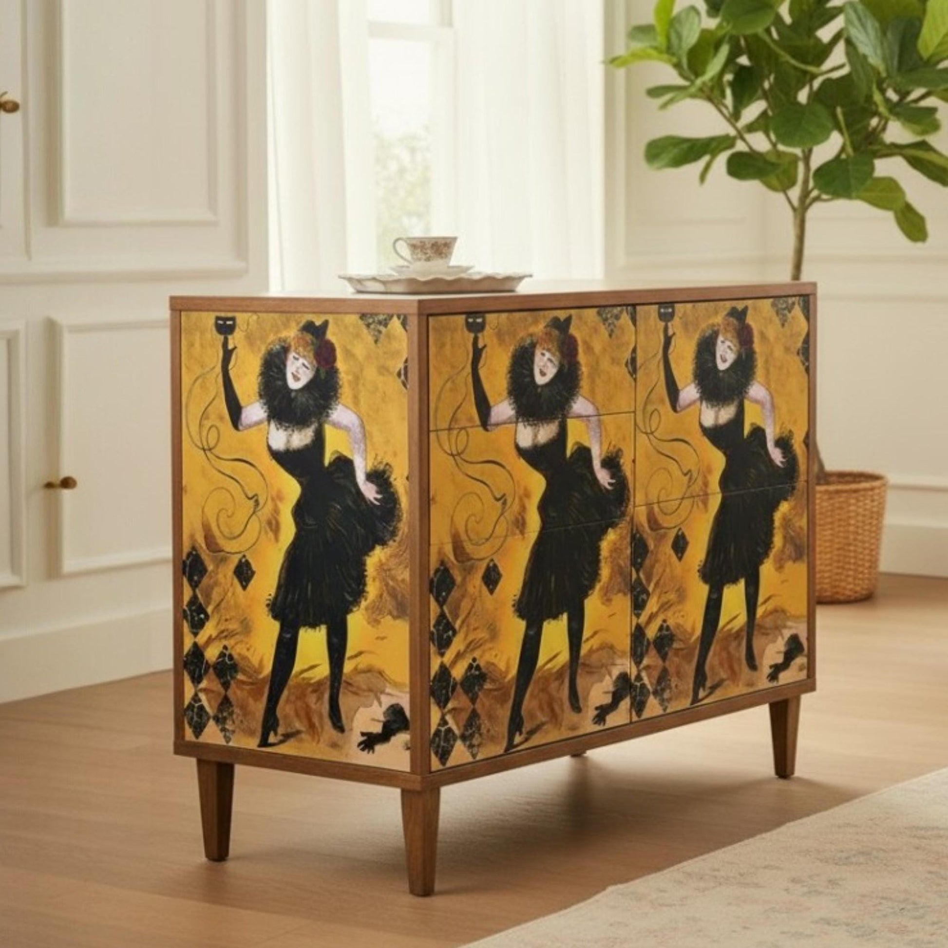 Add a touch of whimsical sophistication to your furniture and craft projects with our Funky Decoupage Paper featuring the captivating " The Dancer" design. This design is an enhanced reproduction of a vintage poster. Perfect for DIY furniture art, book scrapping, and upcycling, this eye-catching tissue paper combines modern style with playful charm, making every piece uniquely yours. Crafted with high-quality decoupage paper, this design showcases a stylish silhouette of a woman dancing.
