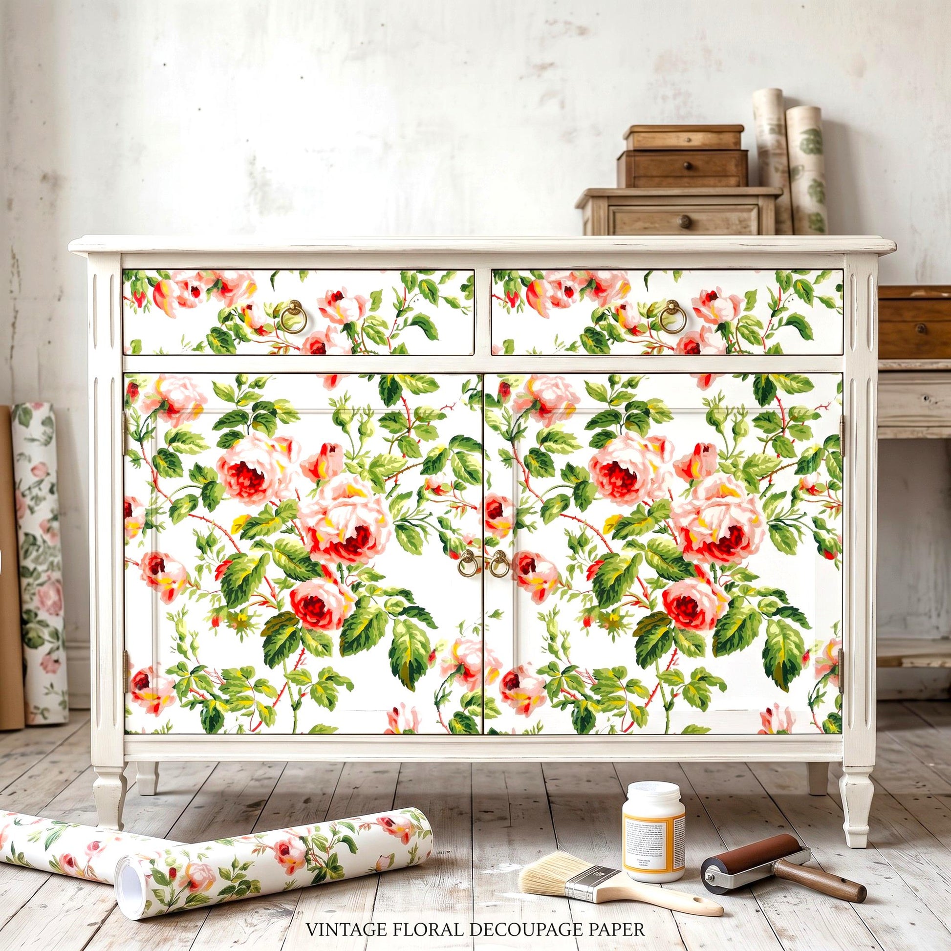 Seamless Pattern Floral Decoupage Paper for Furniture Upcycling. Transform your furniture and crafts with our  Floral Decoupage Paper, a perfect DIY craft supply for home decor makeovers. Seamless floral patter. This vibrant tissue paper features an eye-catching floral design that brings a fresh, artistic touch to any project. Created by Pieces Reclaimed by Dina, this decoupage paper is ideal for upcycling furniture, creating custom decor pieces, or adding floral flair to your craft portfolio.