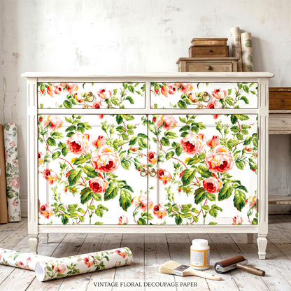 Seamless Pattern Floral Decoupage Paper for Furniture Upcycling. Transform your furniture and crafts with our  Floral Decoupage Paper, a perfect DIY craft supply for home decor makeovers. Seamless floral patter. This vibrant tissue paper features an eye-catching floral design that brings a fresh, artistic touch to any project. Created by Pieces Reclaimed by Dina, this decoupage paper is ideal for upcycling furniture, creating custom decor pieces, or adding floral flair to your craft portfolio.