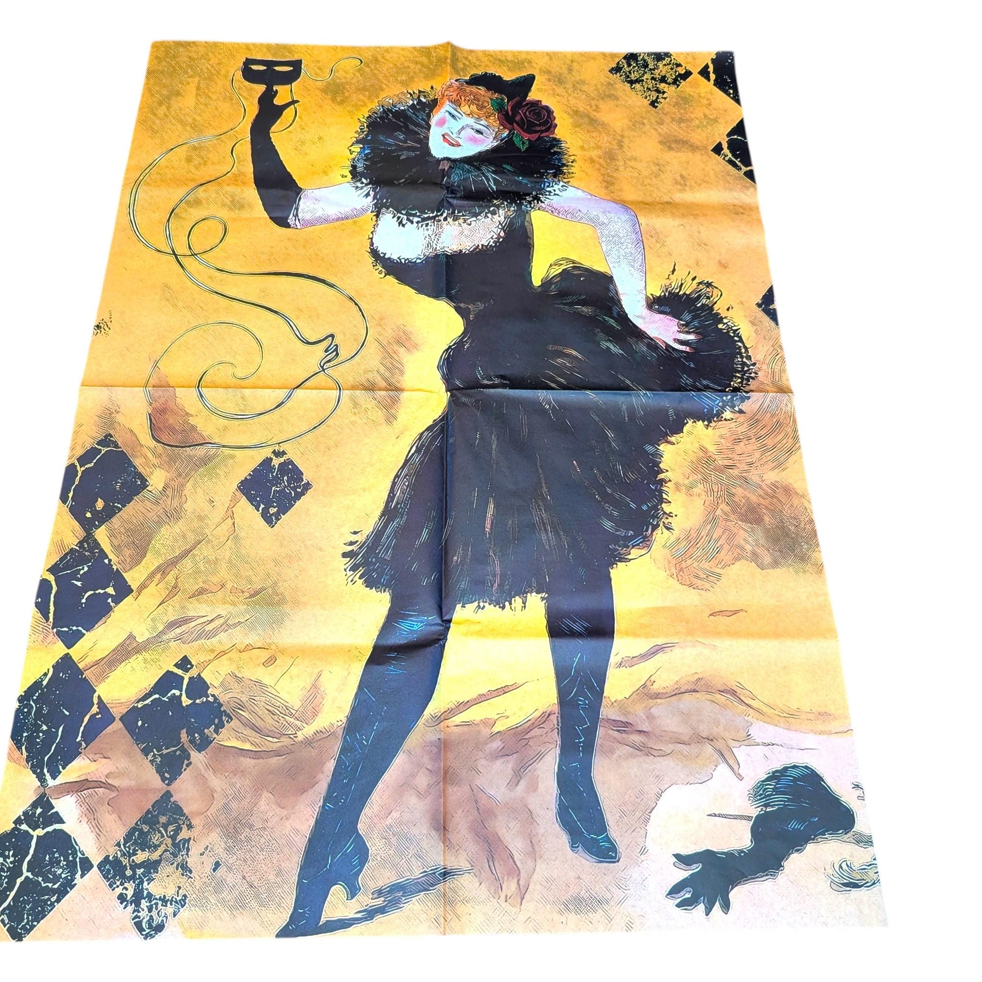 Add a touch of whimsical sophistication to your furniture and craft projects with our Funky Decoupage Paper featuring the captivating " The Dancer" design. This design is an enhanced reproduction of a vintage poster. Perfect for DIY furniture art, book scrapping, and upcycling, this eye-catching tissue paper combines modern style with playful charm, making every piece uniquely yours. Crafted with high-quality decoupage paper, this design showcases a stylish silhouette of a woman dancing.