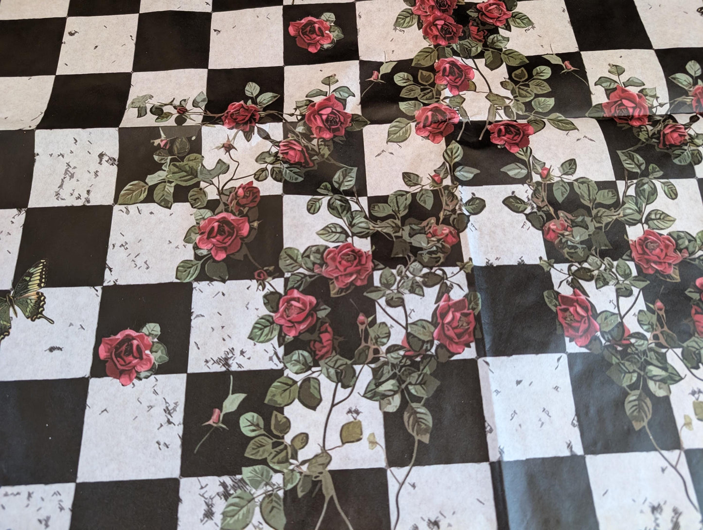 Large Decoupage Paper: Checkerboard Pattern Black and White Upcycling Tissue. Featuring a  checkerboard pattern in  black and white. Perfect for crafters, decorators, and upcycling enthusiasts, this high-quality tissue paper allows you to effortlessly elevate furniture, home decor, and craft pieces into personalized masterpieces. Whether you're redesigning vintage furniture, creating unique wall art, or embellishing glass and metal surfaces, this versatile decoupage paper is your go-to choice