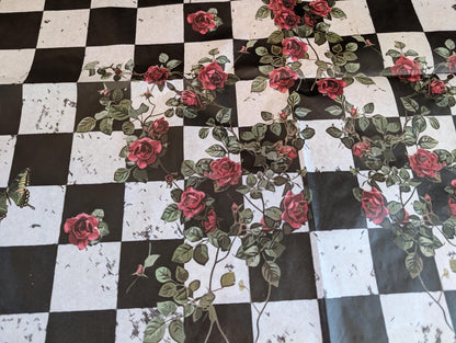 Large Decoupage Paper: Checkerboard Pattern Black and White Upcycling Tissue. Featuring a  checkerboard pattern in  black and white. Perfect for crafters, decorators, and upcycling enthusiasts, this high-quality tissue paper allows you to effortlessly elevate furniture, home decor, and craft pieces into personalized masterpieces. Whether you're redesigning vintage furniture, creating unique wall art, or embellishing glass and metal surfaces, this versatile decoupage paper is your go-to choice