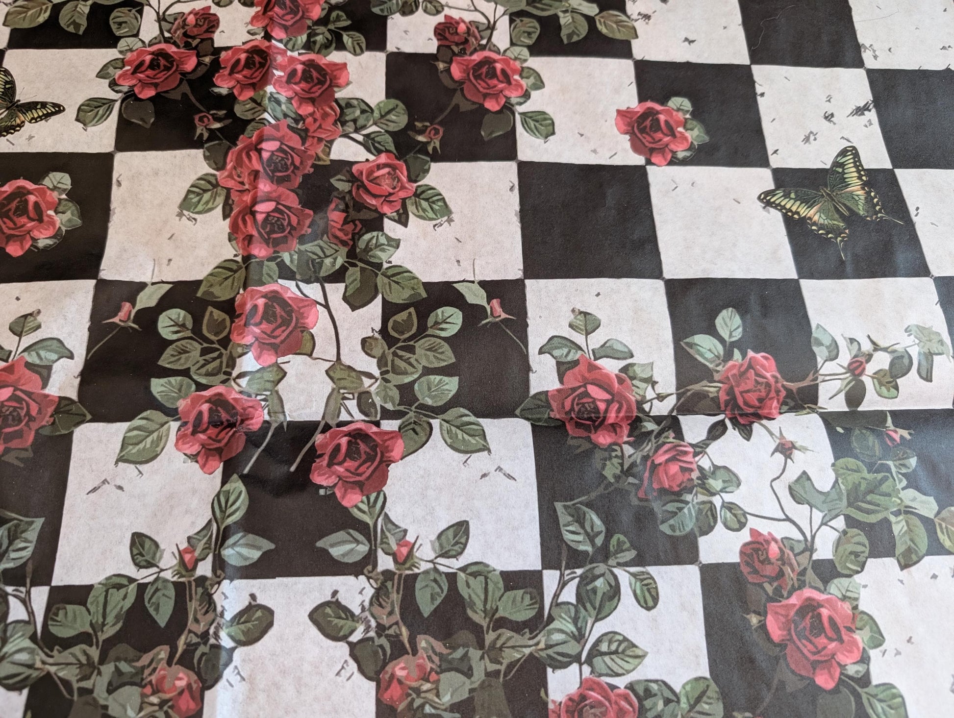 Large Decoupage Paper: Checkerboard Pattern Black and White Upcycling Tissue. Featuring a  checkerboard pattern in  black and white. Perfect for crafters, decorators, and upcycling enthusiasts, this high-quality tissue paper allows you to effortlessly elevate furniture, home decor, and craft pieces into personalized masterpieces. Whether you're redesigning vintage furniture, creating unique wall art, or embellishing glass and metal surfaces, this versatile decoupage paper is your go-to choice