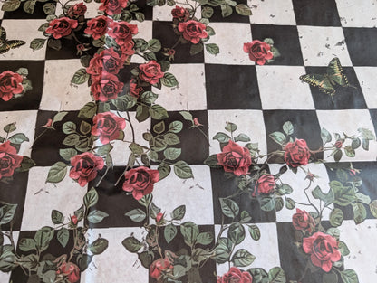 Large Decoupage Paper: Checkerboard Pattern Black and White Upcycling Tissue. Featuring a  checkerboard pattern in  black and white. Perfect for crafters, decorators, and upcycling enthusiasts, this high-quality tissue paper allows you to effortlessly elevate furniture, home decor, and craft pieces into personalized masterpieces. Whether you're redesigning vintage furniture, creating unique wall art, or embellishing glass and metal surfaces, this versatile decoupage paper is your go-to choice
