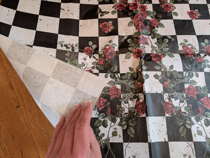 Large Decoupage Paper: Checkerboard Pattern Black and White Upcycling Tissue. Featuring a  checkerboard pattern in  black and white. Perfect for crafters, decorators, and upcycling enthusiasts, this high-quality tissue paper allows you to effortlessly elevate furniture, home decor, and craft pieces into personalized masterpieces. Whether you're redesigning vintage furniture, creating unique wall art, or embellishing glass and metal surfaces, this versatile decoupage paper is your go-to choice