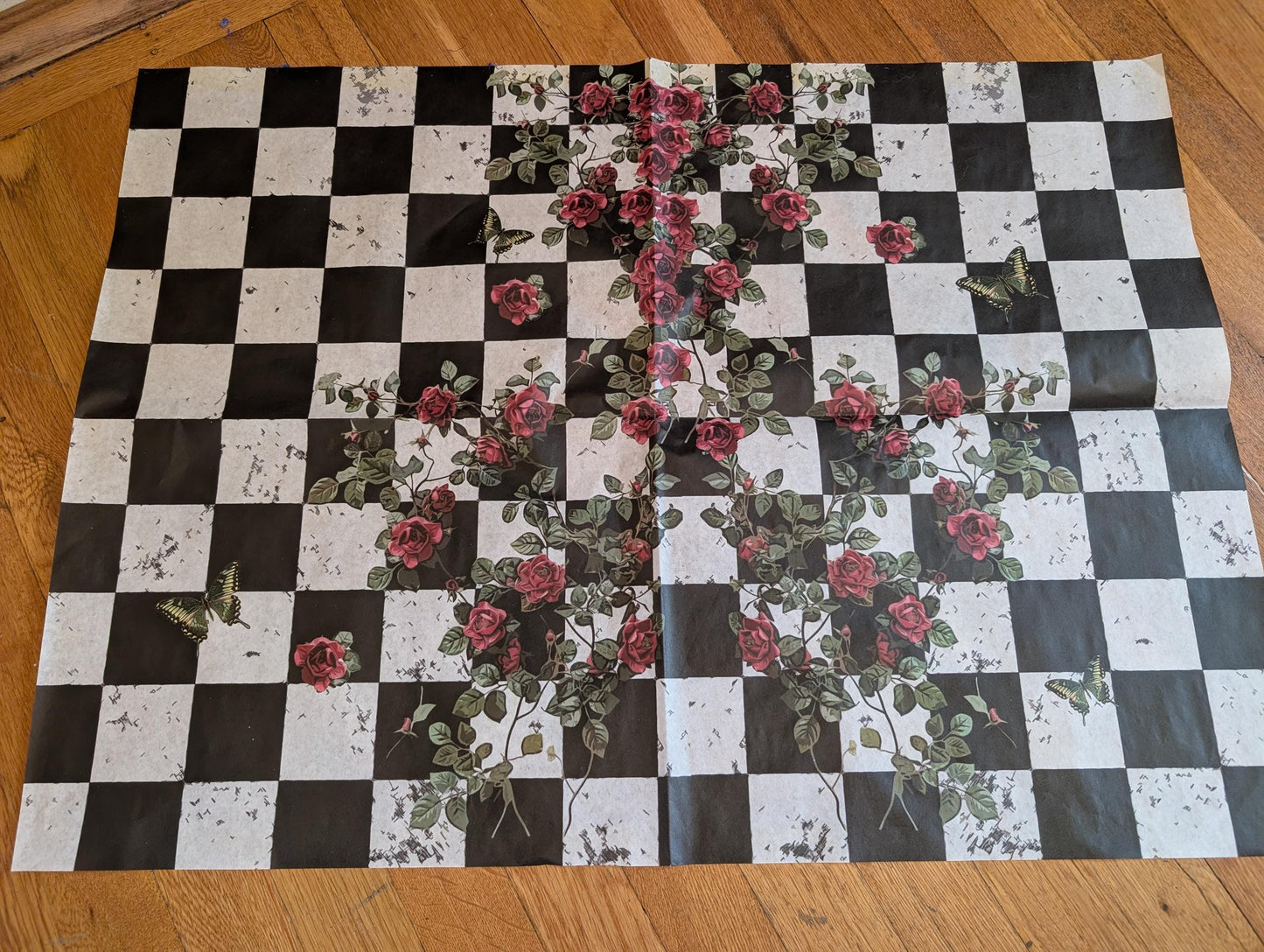 Large Decoupage Paper: Checkerboard Pattern Black and White Upcycling Tissue. Featuring a  checkerboard pattern in  black and white. Perfect for crafters, decorators, and upcycling enthusiasts, this high-quality tissue paper allows you to effortlessly elevate furniture, home decor, and craft pieces into personalized masterpieces. Whether you're redesigning vintage furniture, creating unique wall art, or embellishing glass and metal surfaces, this versatile decoupage paper is your go-to choice