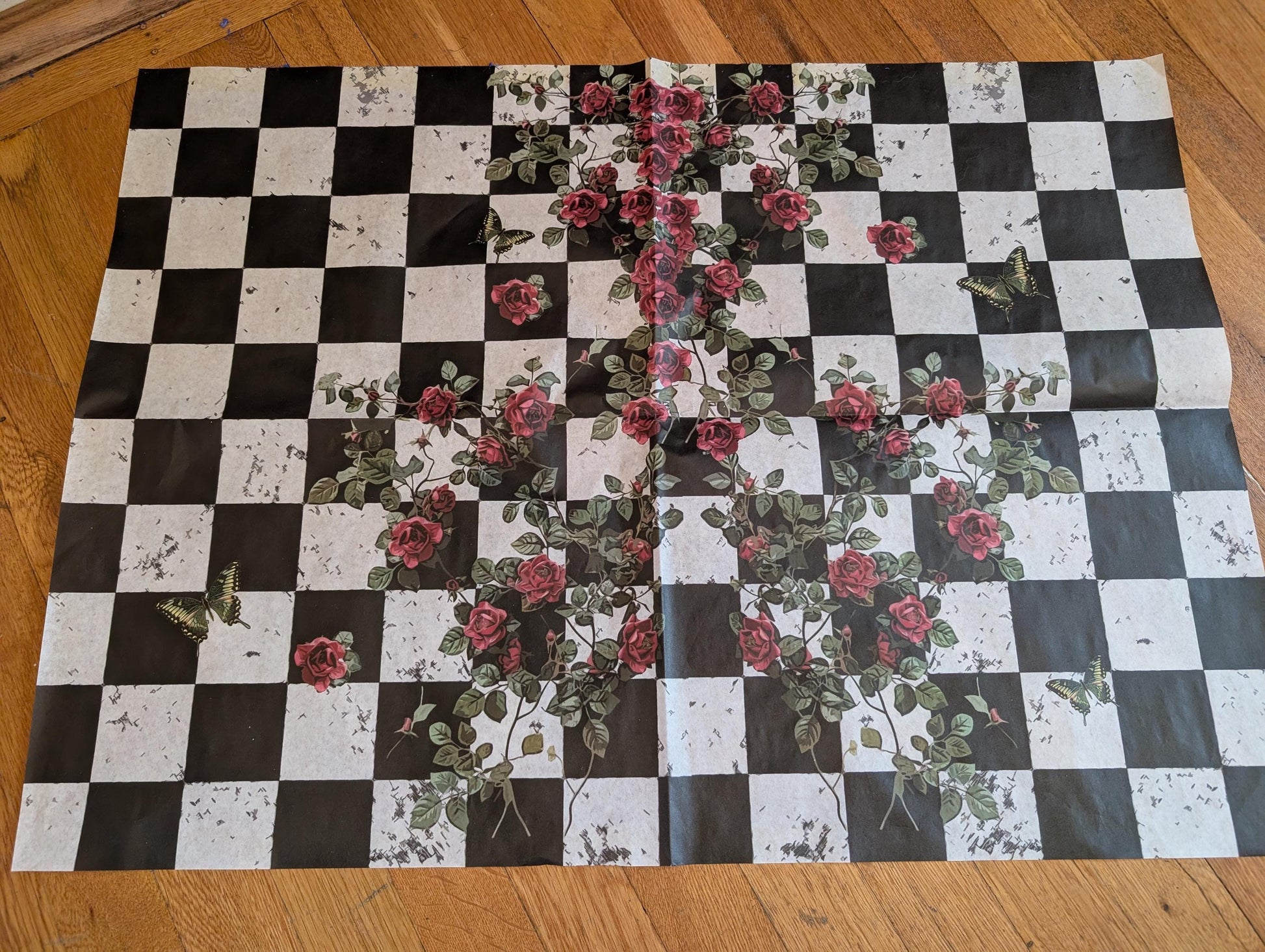 Large Decoupage Paper: Checkerboard Pattern Black and White Upcycling Tissue. Featuring a  checkerboard pattern in  black and white. Perfect for crafters, decorators, and upcycling enthusiasts, this high-quality tissue paper allows you to effortlessly elevate furniture, home decor, and craft pieces into personalized masterpieces. Whether you're redesigning vintage furniture, creating unique wall art, or embellishing glass and metal surfaces, this versatile decoupage paper is your go-to choice