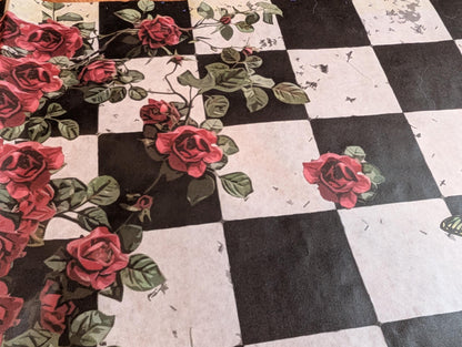 Large Decoupage Paper: Checkerboard Pattern Black and White Upcycling Tissue. Featuring a  checkerboard pattern in  black and white. Perfect for crafters, decorators, and upcycling enthusiasts, this high-quality tissue paper allows you to effortlessly elevate furniture, home decor, and craft pieces into personalized masterpieces. Whether you're redesigning vintage furniture, creating unique wall art, or embellishing glass and metal surfaces, this versatile decoupage paper is your go-to choice