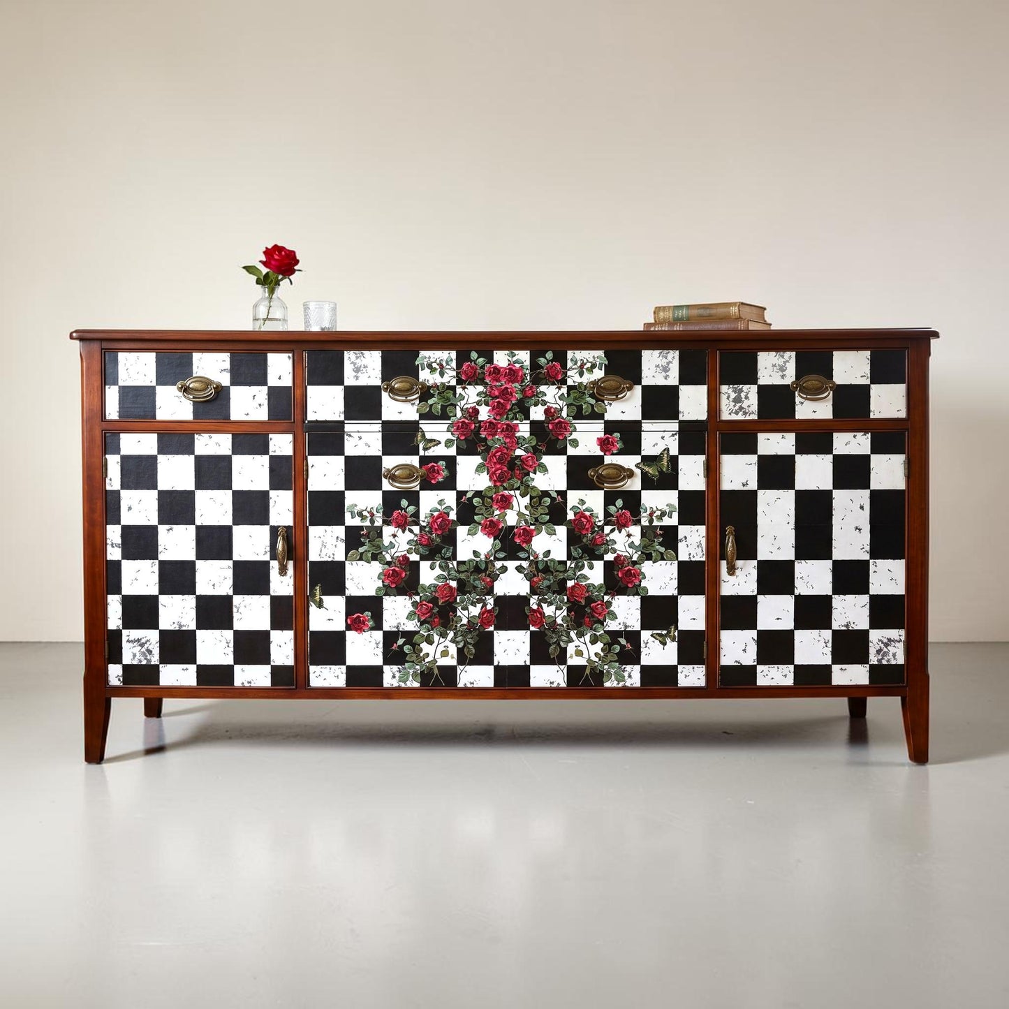 Large Decoupage Paper: Checkerboard Pattern Black and White Upcycling Tissue. Featuring a  checkerboard pattern in  black and white. Perfect for crafters, decorators, and upcycling enthusiasts, this high-quality tissue paper allows you to effortlessly elevate furniture, home decor, and craft pieces into personalized masterpieces. Whether you're redesigning vintage furniture, creating unique wall art, or embellishing glass and metal surfaces, this versatile decoupage paper is your go-to choice