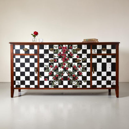 Large Decoupage Paper: Checkerboard Pattern Black and White Upcycling Tissue. Featuring a  checkerboard pattern in  black and white. Perfect for crafters, decorators, and upcycling enthusiasts, this high-quality tissue paper allows you to effortlessly elevate furniture, home decor, and craft pieces into personalized masterpieces. Whether you're redesigning vintage furniture, creating unique wall art, or embellishing glass and metal surfaces, this versatile decoupage paper is your go-to choice
