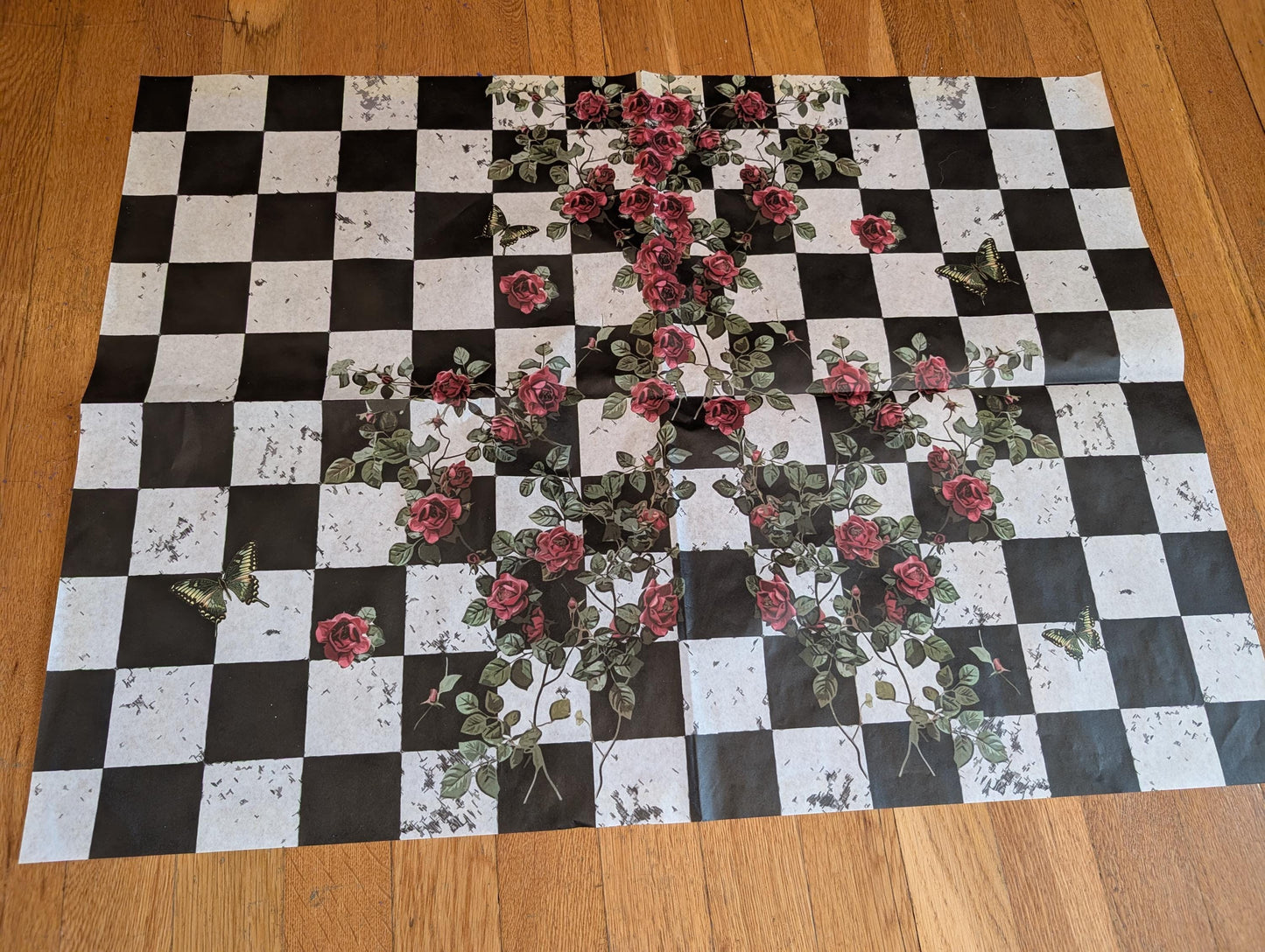 Large Decoupage Paper: Checkerboard Pattern Black and White Upcycling Tissue. Featuring a  checkerboard pattern in  black and white. Perfect for crafters, decorators, and upcycling enthusiasts, this high-quality tissue paper allows you to effortlessly elevate furniture, home decor, and craft pieces into personalized masterpieces. Whether you're redesigning vintage furniture, creating unique wall art, or embellishing glass and metal surfaces, this versatile decoupage paper is your go-to choice