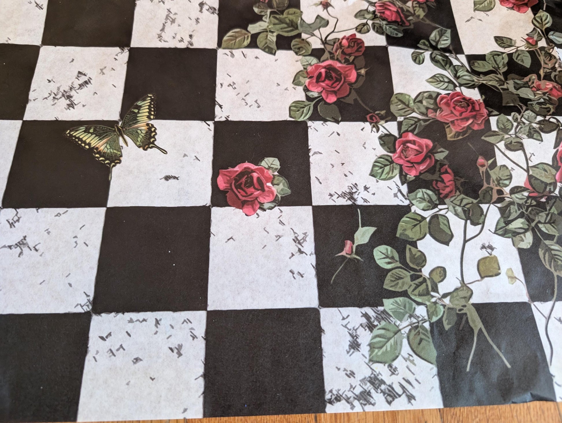 Large Decoupage Paper: Checkerboard Pattern Black and White Upcycling Tissue. Featuring a  checkerboard pattern in  black and white. Perfect for crafters, decorators, and upcycling enthusiasts, this high-quality tissue paper allows you to effortlessly elevate furniture, home decor, and craft pieces into personalized masterpieces. Whether you're redesigning vintage furniture, creating unique wall art, or embellishing glass and metal surfaces, this versatile decoupage paper is your go-to choice