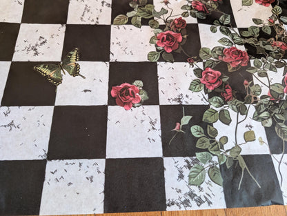 Large Decoupage Paper: Checkerboard Pattern Black and White Upcycling Tissue. Featuring a  checkerboard pattern in  black and white. Perfect for crafters, decorators, and upcycling enthusiasts, this high-quality tissue paper allows you to effortlessly elevate furniture, home decor, and craft pieces into personalized masterpieces. Whether you're redesigning vintage furniture, creating unique wall art, or embellishing glass and metal surfaces, this versatile decoupage paper is your go-to choice