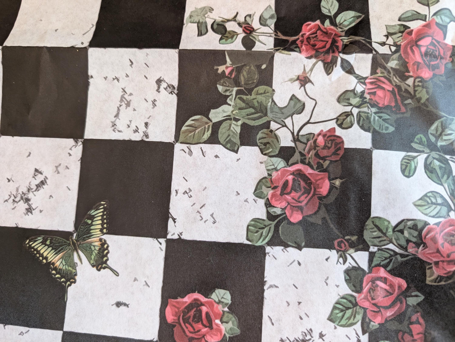 Large Decoupage Paper: Checkerboard Pattern Black and White Upcycling Tissue. Featuring a  checkerboard pattern in  black and white. Perfect for crafters, decorators, and upcycling enthusiasts, this high-quality tissue paper allows you to effortlessly elevate furniture, home decor, and craft pieces into personalized masterpieces. Whether you're redesigning vintage furniture, creating unique wall art, or embellishing glass and metal surfaces, this versatile decoupage paper is your go-to choice