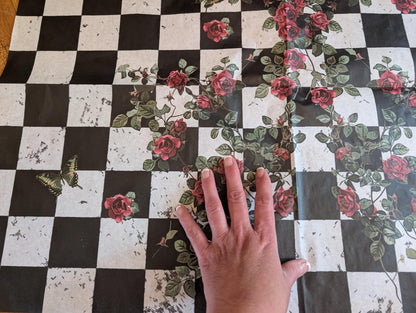 Large Decoupage Paper: Checkerboard Pattern Black and White Upcycling Tissue. Featuring a  checkerboard pattern in  black and white. Perfect for crafters, decorators, and upcycling enthusiasts, this high-quality tissue paper allows you to effortlessly elevate furniture, home decor, and craft pieces into personalized masterpieces. Whether you're redesigning vintage furniture, creating unique wall art, or embellishing glass and metal surfaces, this versatile decoupage paper is your go-to choice