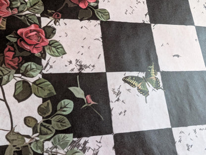 Large Decoupage Paper: Checkerboard Pattern Black and White Upcycling Tissue. Featuring a  checkerboard pattern in  black and white. Perfect for crafters, decorators, and upcycling enthusiasts, this high-quality tissue paper allows you to effortlessly elevate furniture, home decor, and craft pieces into personalized masterpieces. Whether you're redesigning vintage furniture, creating unique wall art, or embellishing glass and metal surfaces, this versatile decoupage paper is your go-to choice